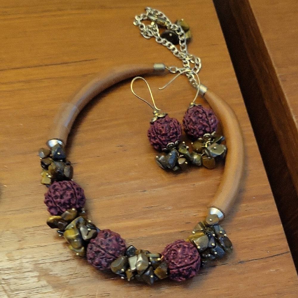 Purple and Brown Crescent Necklace with Floral Beads